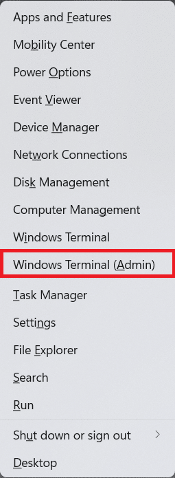 selecione o terminal do Windows, admin no menu de link rápido