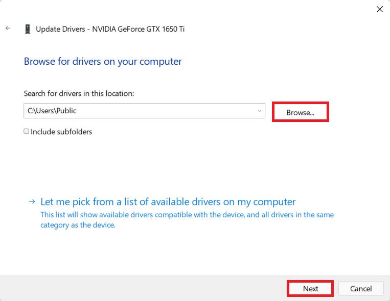 Opção de navegação no assistente de atualização de driver