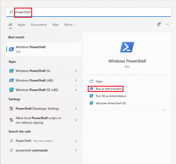 Résultats de la recherche du menu Démarrer pour Windows Powershell