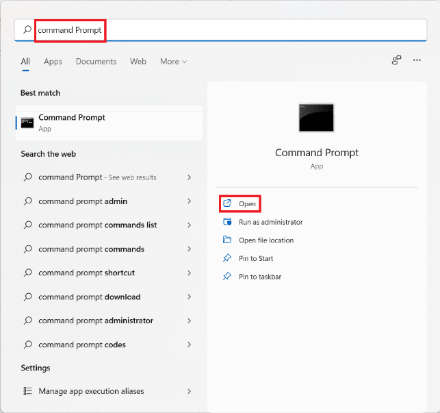 Résultats de la recherche du menu Démarrer pour l'invite de commande. Comment réparer Microsoft Store qui ne s'ouvre pas sur Windows 11