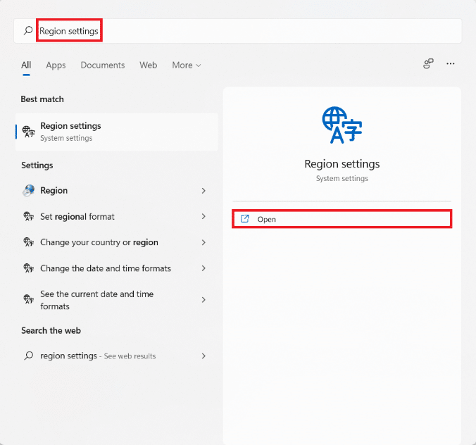 Résultats de la recherche du menu Démarrer pour les paramètres régionaux. Comment réparer Microsoft Store qui ne s'ouvre pas sur Windows 11
