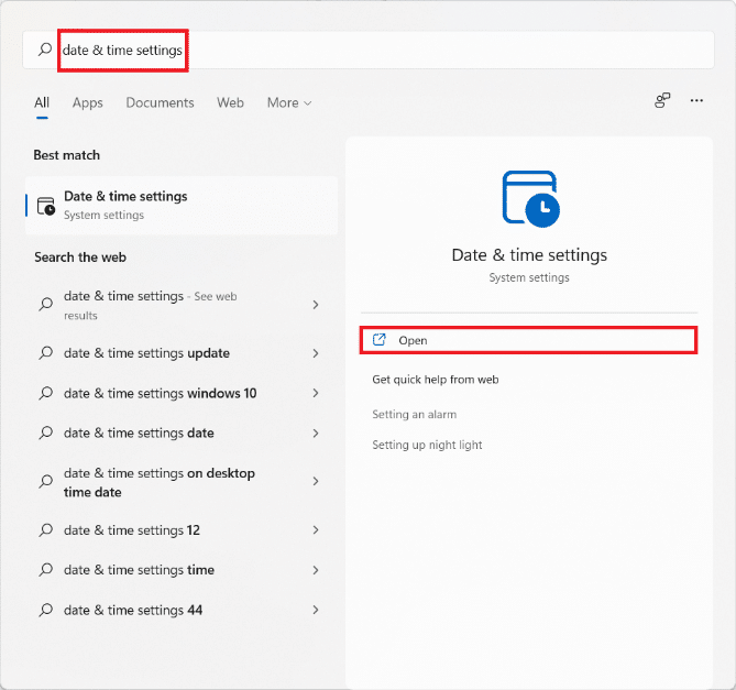 Résultats de la recherche du menu Démarrer pour les paramètres de date et d'heure. Comment réparer Microsoft Store qui ne s'ouvre pas sur Windows 11