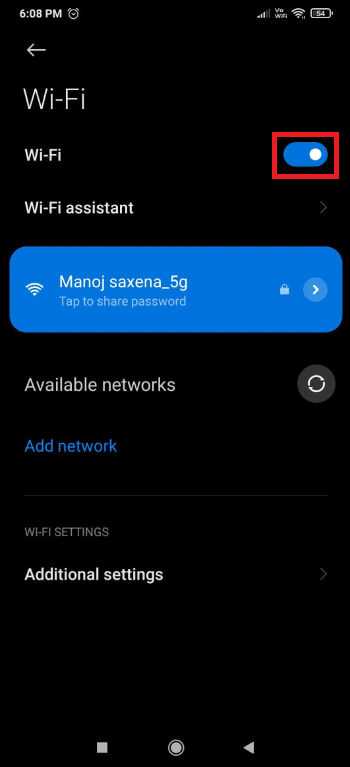 Certifique-se de que a alternância WiFi esteja ativada e que o botão superior esteja azul