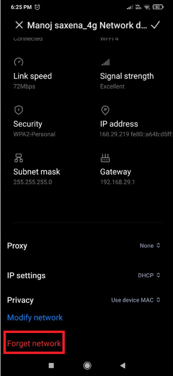 toque em Esquecer rede. Como corrigir o Wi-Fi que não funciona no telefone