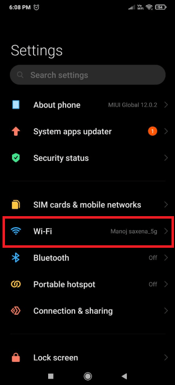 toque em Wi-Fi
