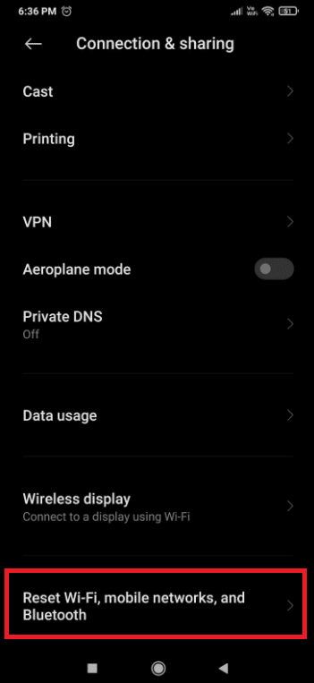 toque em redefinir wifi, redes móveis e bluetooth