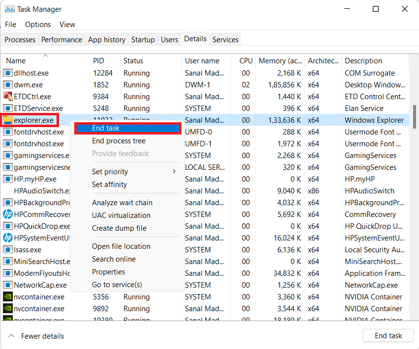 Onglet Détails dans le Gestionnaire des tâches. Comment réparer la barre des tâches de Windows 11 ne fonctionne pas