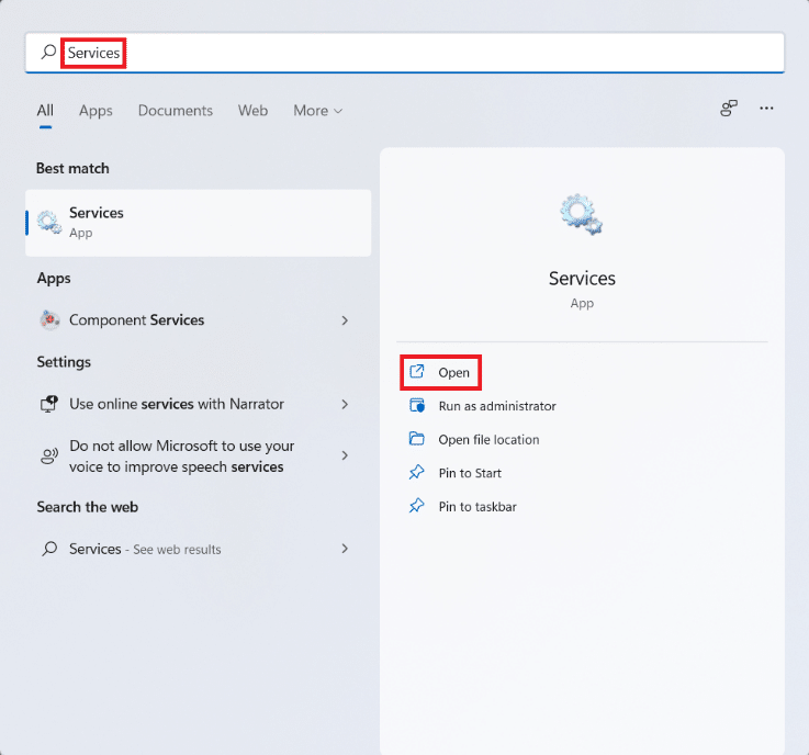 Resultados da pesquisa do menu Iniciar para Serviços. Como corrigir a atualização do Windows 11 travada