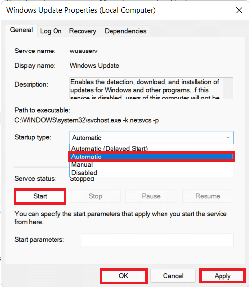 Propriedades do serviço Windows Update