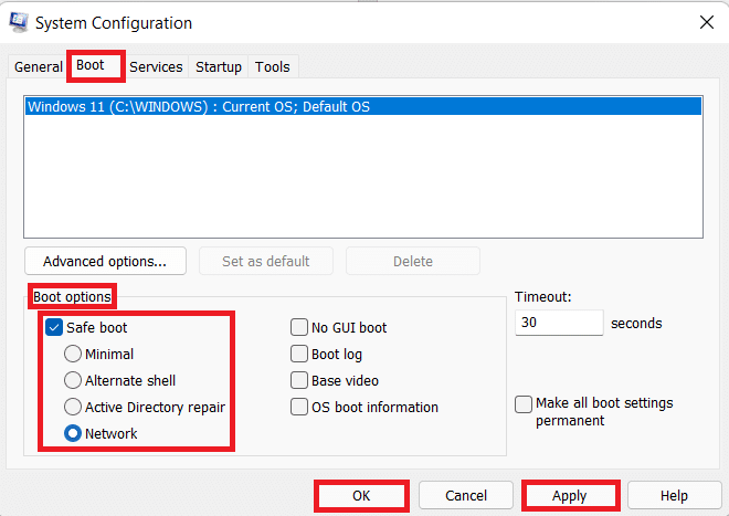 Opção da guia de inicialização na janela de configuração do sistema. Como corrigir a atualização do Windows 11 travada ou congelada