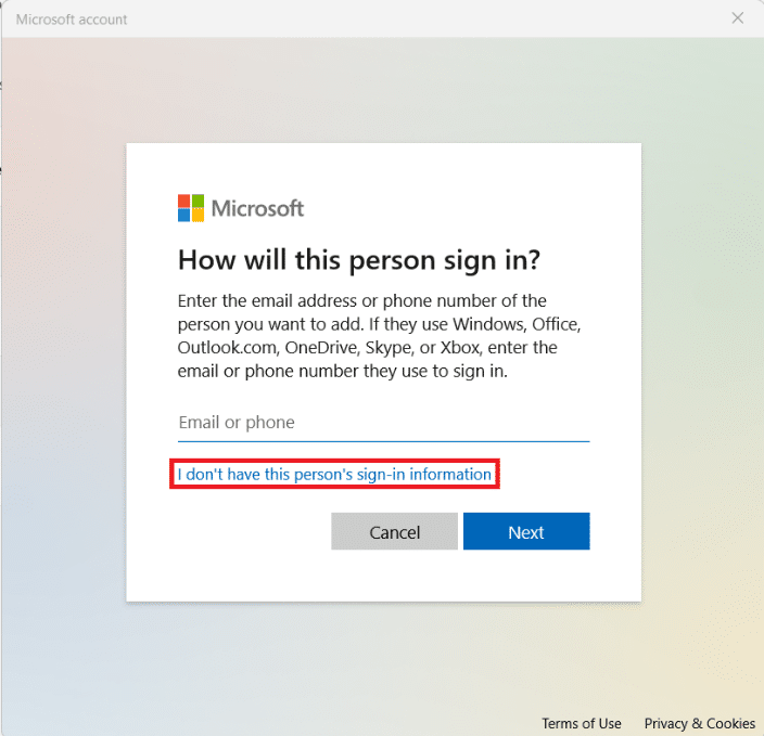 Microsoft 帳戶窗口