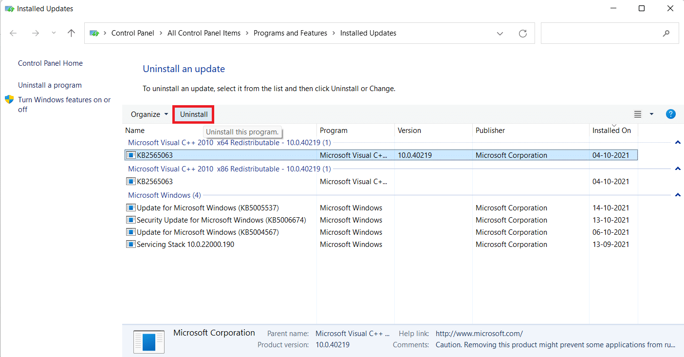 Daftar pembaruan yang diinstal. Perbaiki Kesalahan Proses Kritis Meninggal di Windows 11