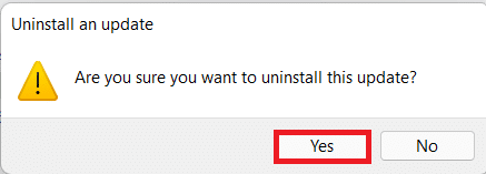 Konfirmasi konfirmasi untuk mencopot pemasangan pembaruan. Perbaiki Kesalahan Proses Kritis Meninggal di Windows 11