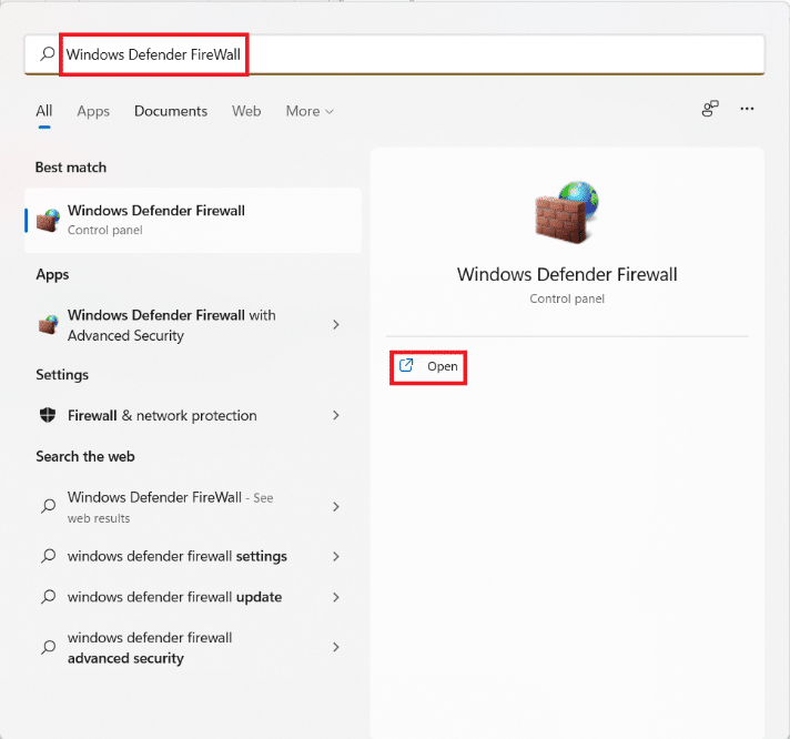 Resultados de la búsqueda en el menú Inicio para el Firewall de Windows Defender