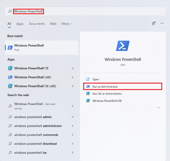 Resultados de búsqueda del menú Inicio para Windows PowerShell