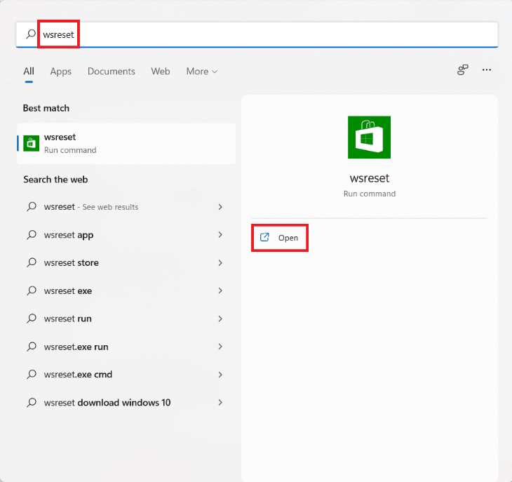 Resultados de búsqueda del menú de inicio para wsreset. Cómo arreglar las aplicaciones que no se pueden abrir en Windows 11