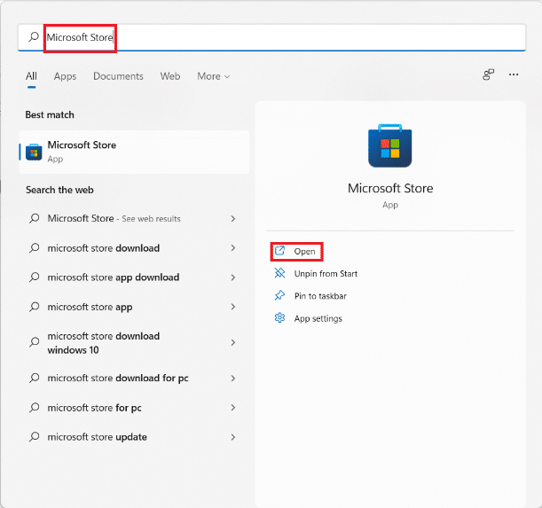 Resultados de búsqueda del menú Inicio para Microsoft Store