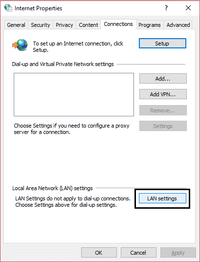 Paramètres LAN dans la fenêtre des propriétés Internet