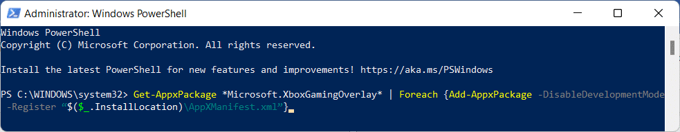 Sobreposição de jogos Xbox instalar powershell win 11