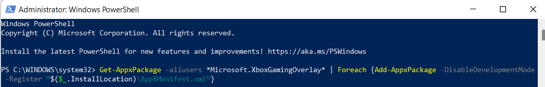 reinstale o xboxgamingoverlay para todos os usuários do Windows PowerShell
