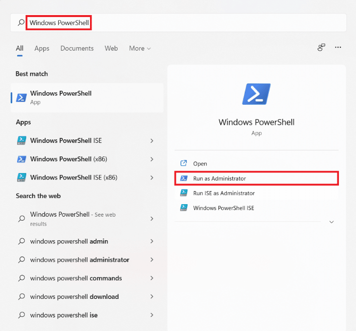 Resultados da pesquisa do menu Iniciar para Windows PowerShell