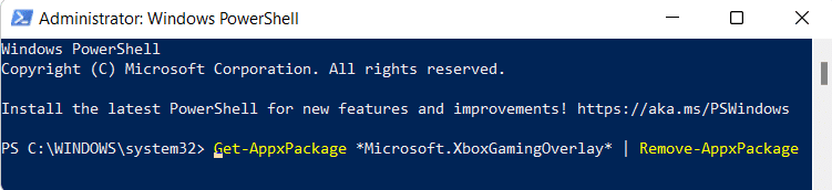 remova xboxgamingoverlay para um usuário específico do Windows PowerShell.