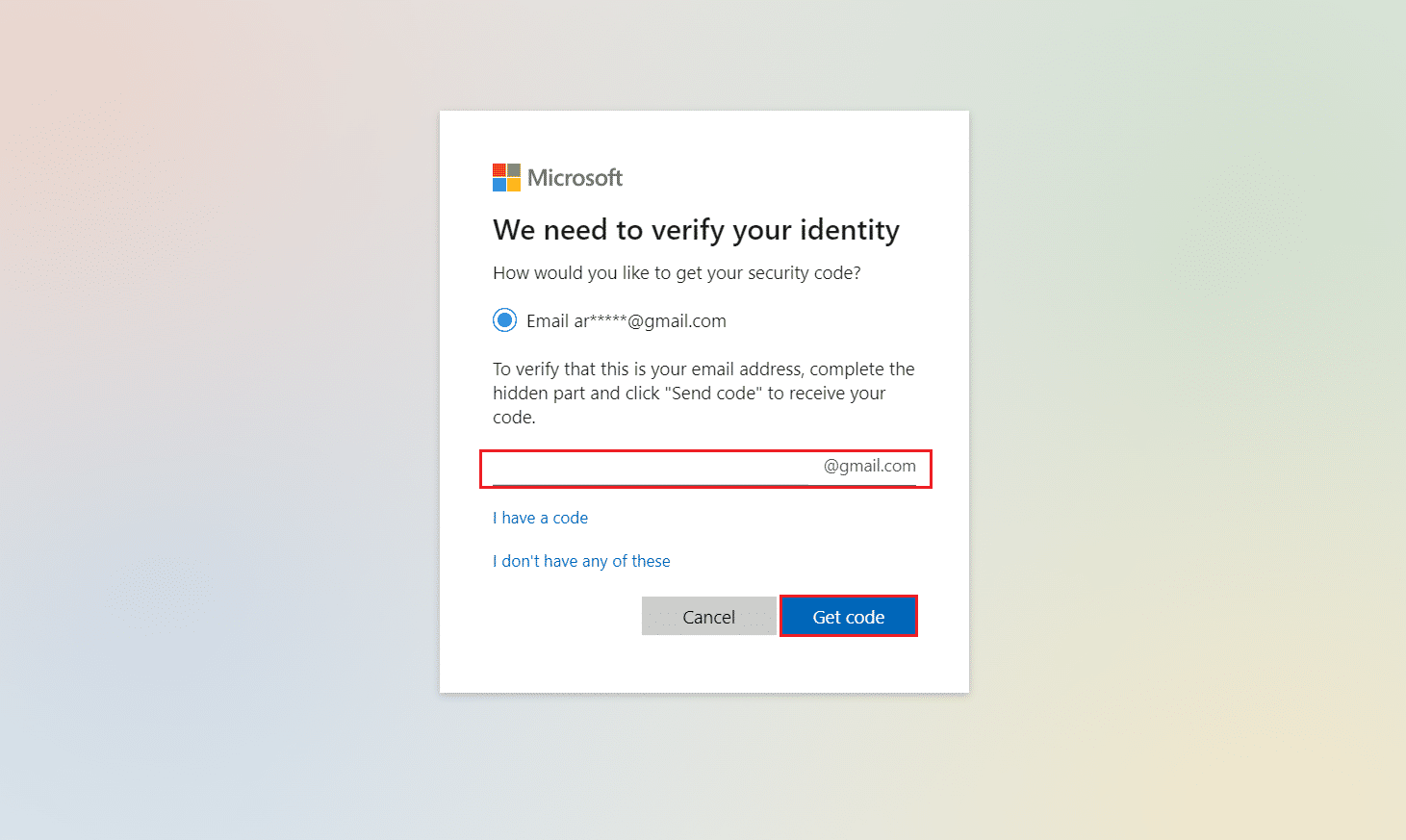 digite seu endereço de e-mail e clique em Obter código
