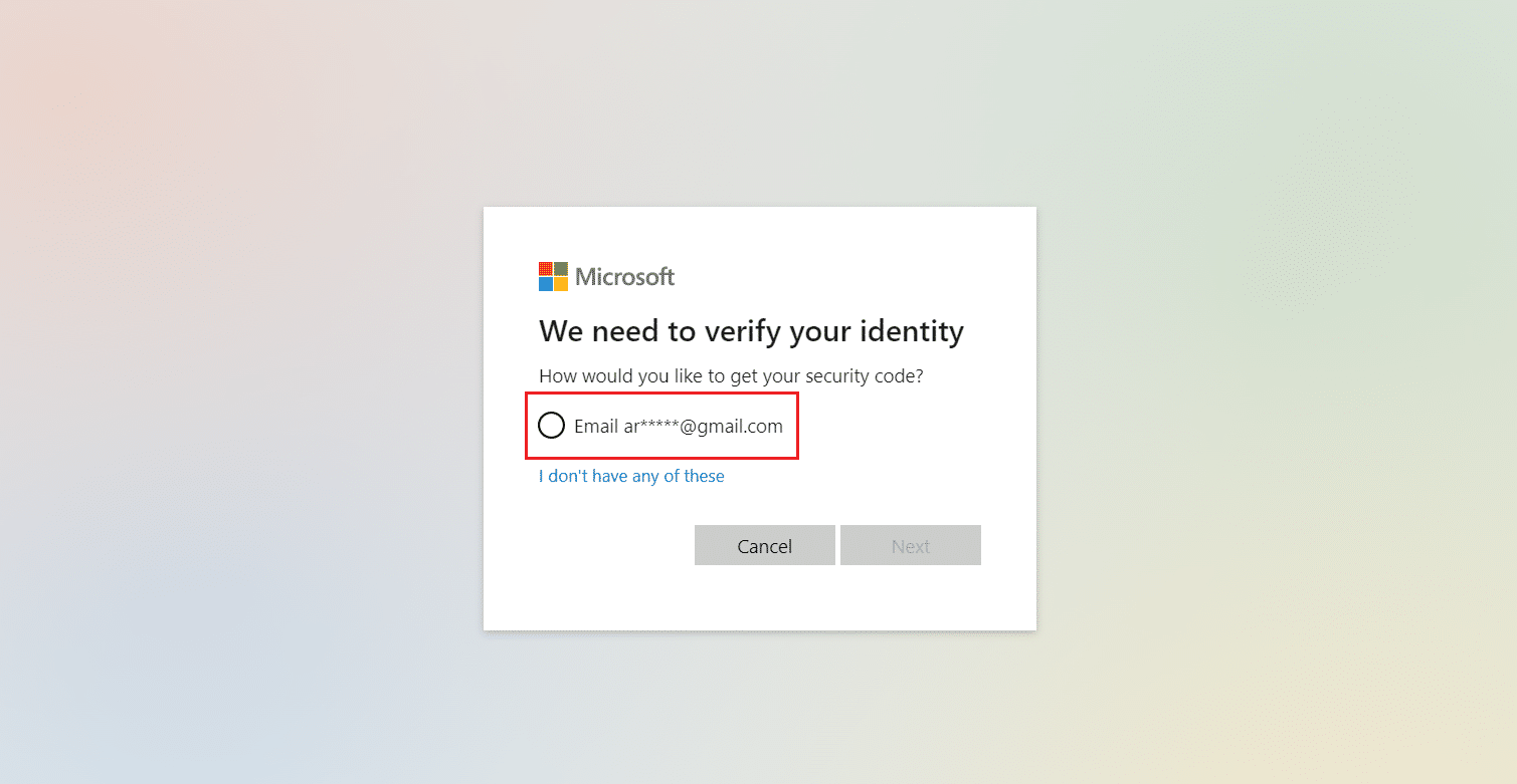 selecione e-mail microsoft verifique sua identidade.
