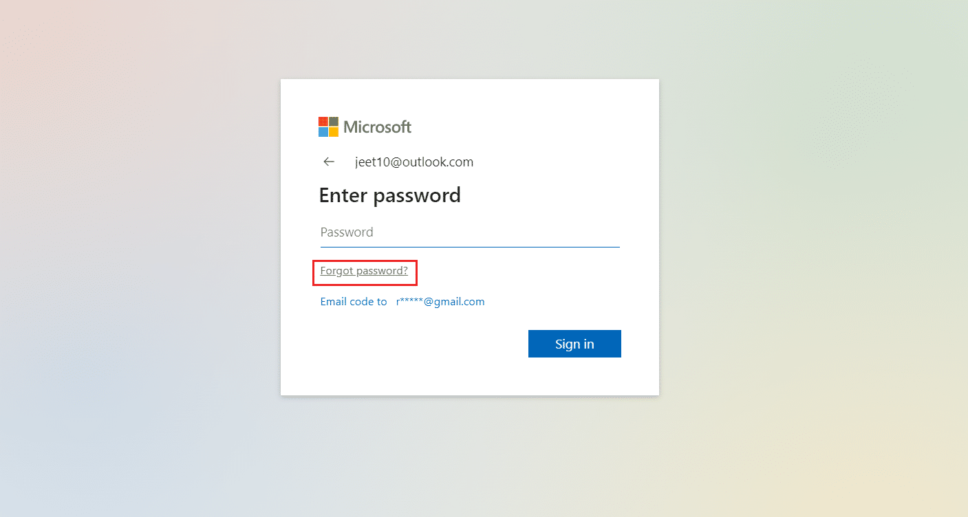 clique em Esquecer a senha na página de login do Outlook