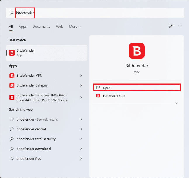 Résultats de la recherche du menu Démarrer pour Antivirus