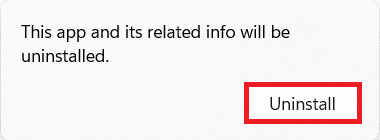Fenêtre de confirmation de désinstallation
