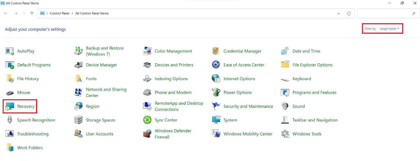 sélectionnez l'option de récupération dans le panneau de configuration