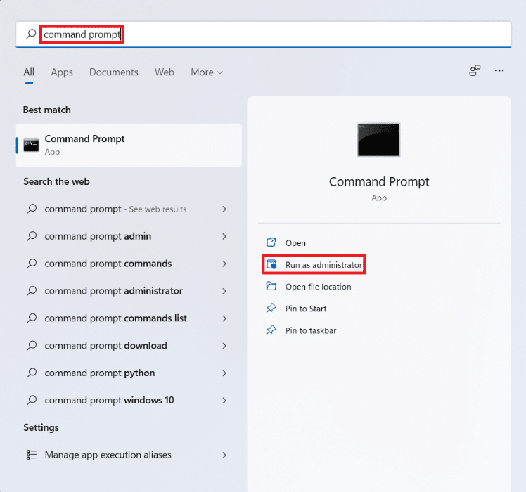 Résultats de la recherche du menu Démarrer pour l'invite de commande