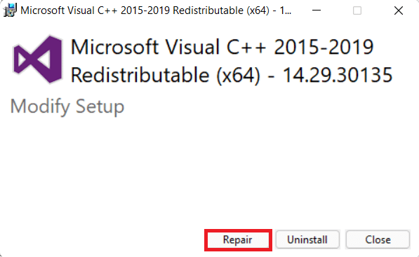 cliquez sur le bouton Réparer Microsoft Visual C plus plus l'assistant redistribuable. Comment réparer l'erreur VCRUNTIME140.dll manquant sous Windows 11