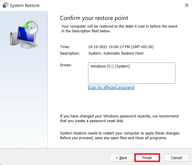 finition de la configuration du point de restauration