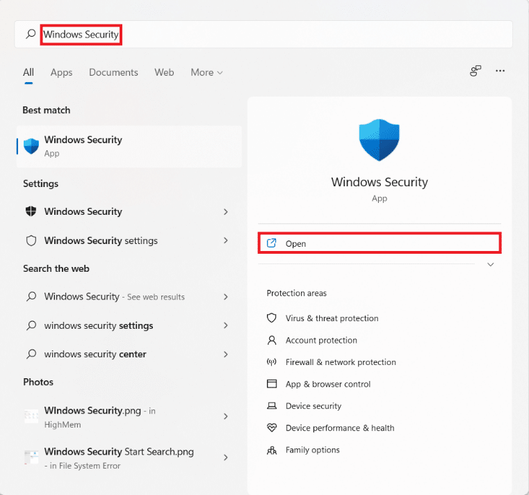 Mulai hasil pencarian menu untuk keamanan Windows