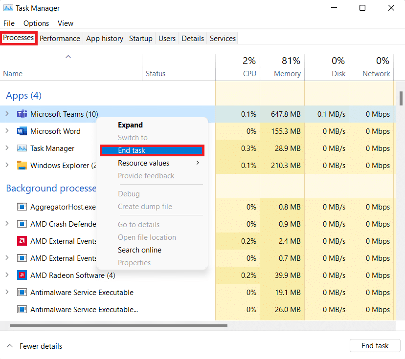 Mengakhiri tugas di tab proses Task Manager. Cara untuk mempercepat Windows 11
