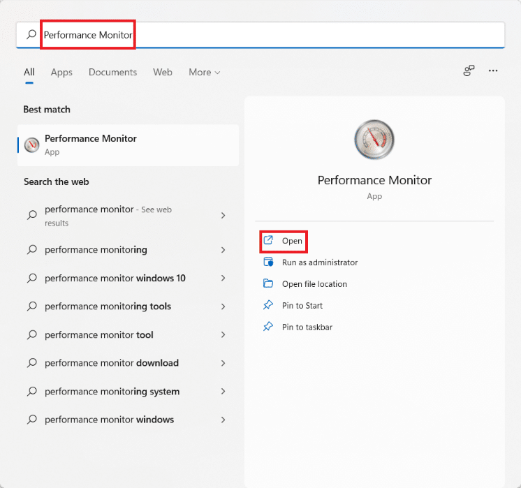 Mulai hasil pencarian menu untuk Monitor Kinerja. Cara untuk mempercepat Windows 11