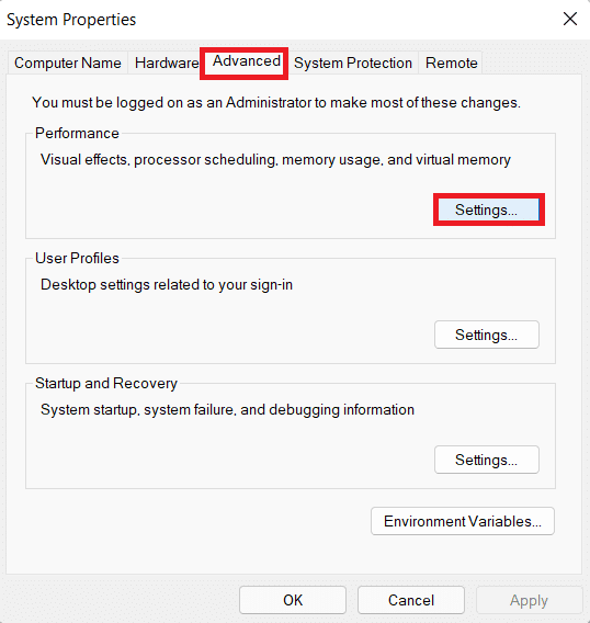 Tab lanjutan di jendela Properti sistem. Cara untuk mempercepat Windows 11