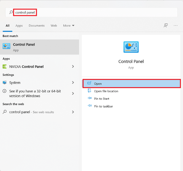Mulai hasil menu untuk panel kontrol