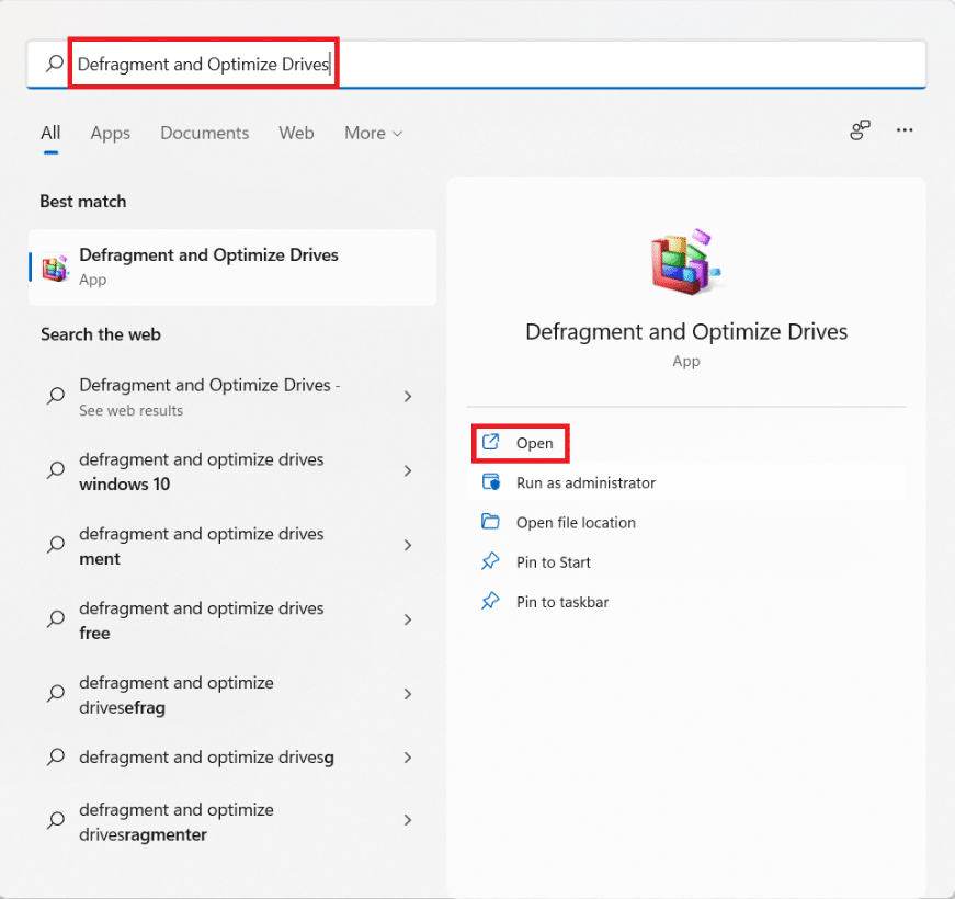 Mulai hasil pencarian menu untuk Defragment dan Optimalkan Drive