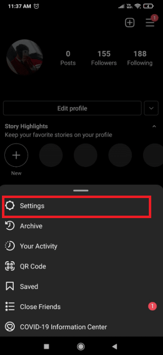 Toque em Configurações Instagram