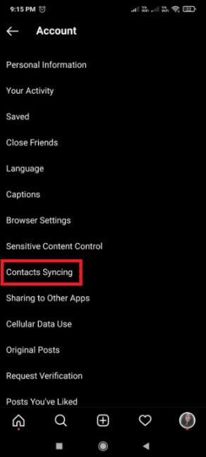 Toque em Sincronização de contatos. Como encontrar alguém no Instagram pelo número de telefone