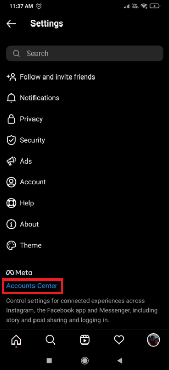 Toque em Central de contas em Configurações Instagram