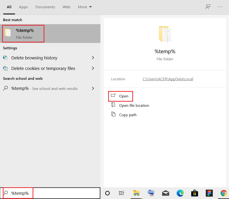 ketik temp dan klik Buka di menu pencarian Windows 10. Cara Memperbaiki Alat Pembuatan Media Windows Tidak Berfungsi
