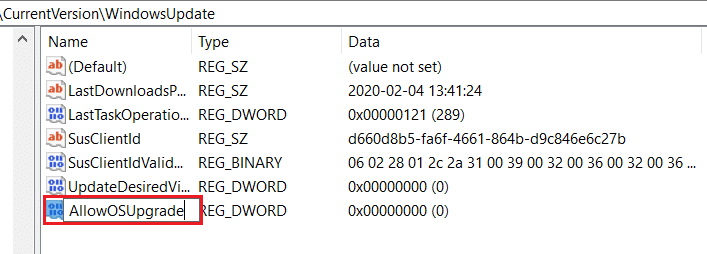 ganti nama nilai yang dibuat menjadi AllowOSUpgrade di Registry Editor