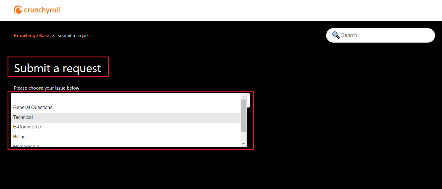 soumettre une demande dans la page d'aide de crunchyroll