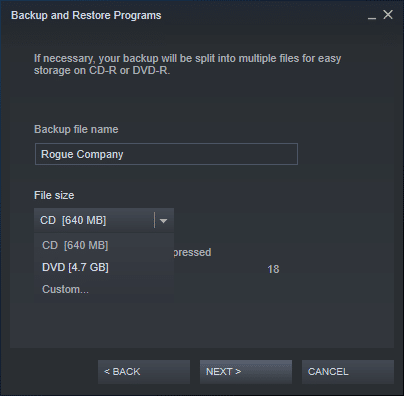 Edit nama file Cadangan Anda dan klik NEXT untuk melanjutkan. Cara Mencadangkan Game Steam