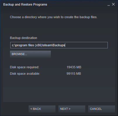 Pilih atau telusuri tujuan Cadangan dan klik NEXT. Cara Mencadangkan Game Steam