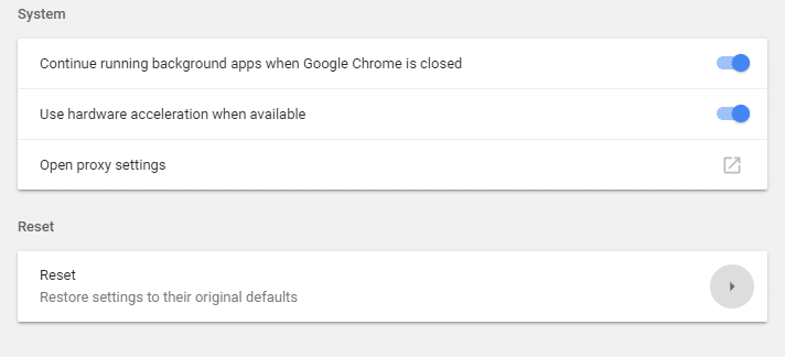 Cliquez sur la colonne Réinitialiser pour réinitialiser les paramètres de Chrome